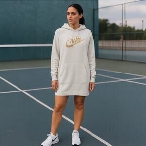 Nike Essential Fleece Hoodie Dress Heather Gray & Gold Glitter Size Large